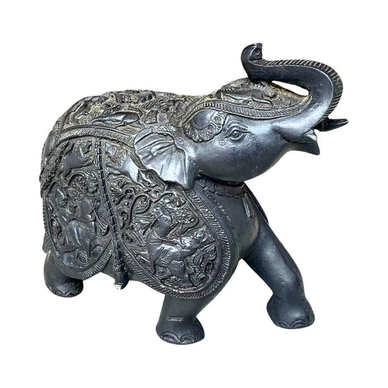 [[Black resin elephant trunk up, M///Eléphant en résine noire trompe vers le haut, M]]