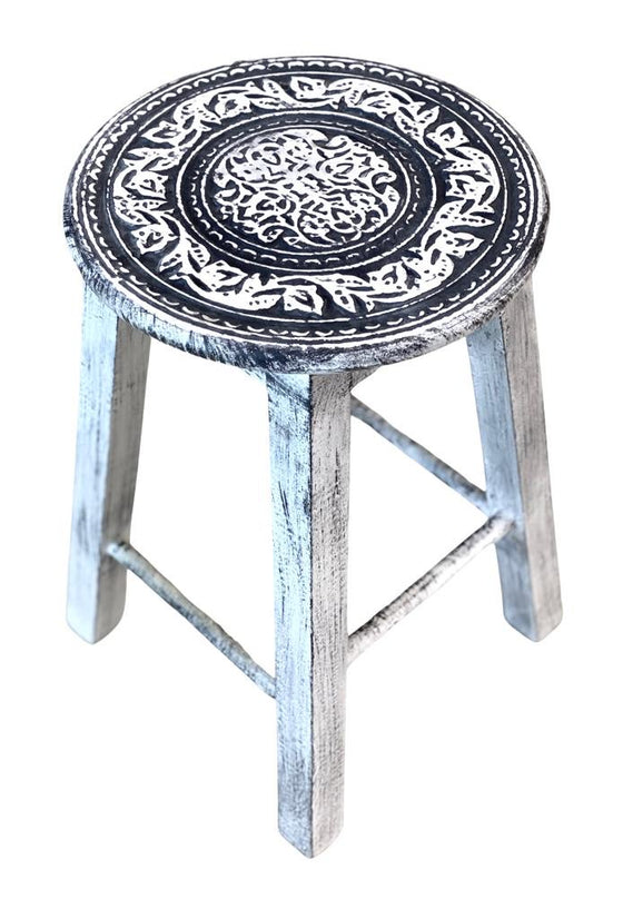 [[Hand carved mandala stool/Side table : White///Tabouret/table d'appoint sculpté à la main : Blanc]]