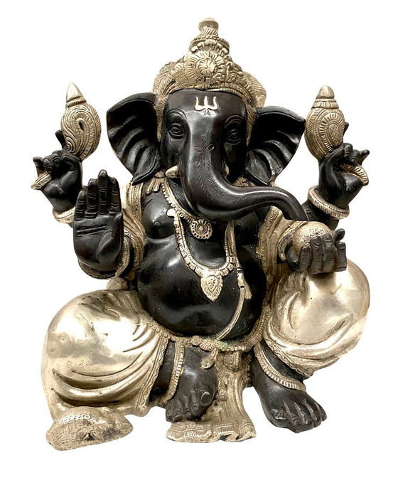 [[Black silver brass Ganesh statue///Statue de Ganesh en laiton noir et argenté]]