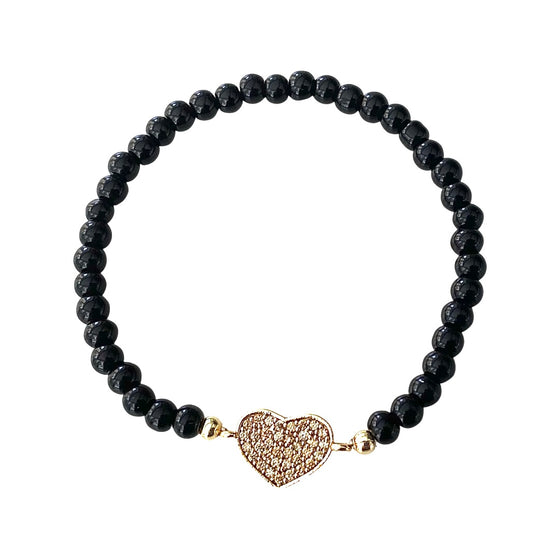 [[Black bead bracelet with a heart symbol///Bracelet de perles noires avec un symbole de cœur]]