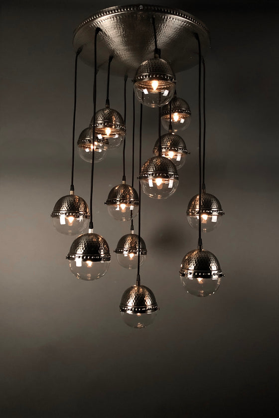 [[Hand forged metal and glass chandelier with 13 small globes///Lustre en métal et verre forgé à la main avec 13 petits globes]]